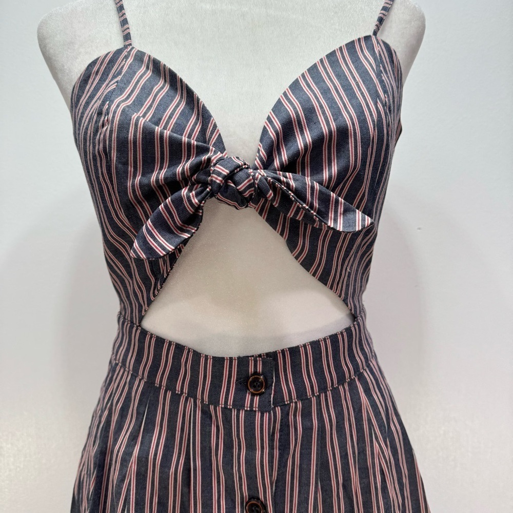 Navy Blue Striped Bare Midriff Coquette Girl Midi Dress by Mo Vint New York - Picture 4 of 11